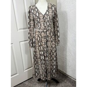 Fashion on Earth Snakeskin Print Midi Dress Long Sleeve V Neck Belted S‎